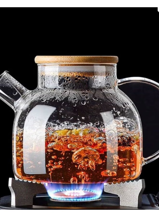 إبريق شاي زجاجي مقاوم للحرارة بسعة 1 لتر مع غطاء خشبي ومصفاة زجاج بوروسيليكات - Image 2